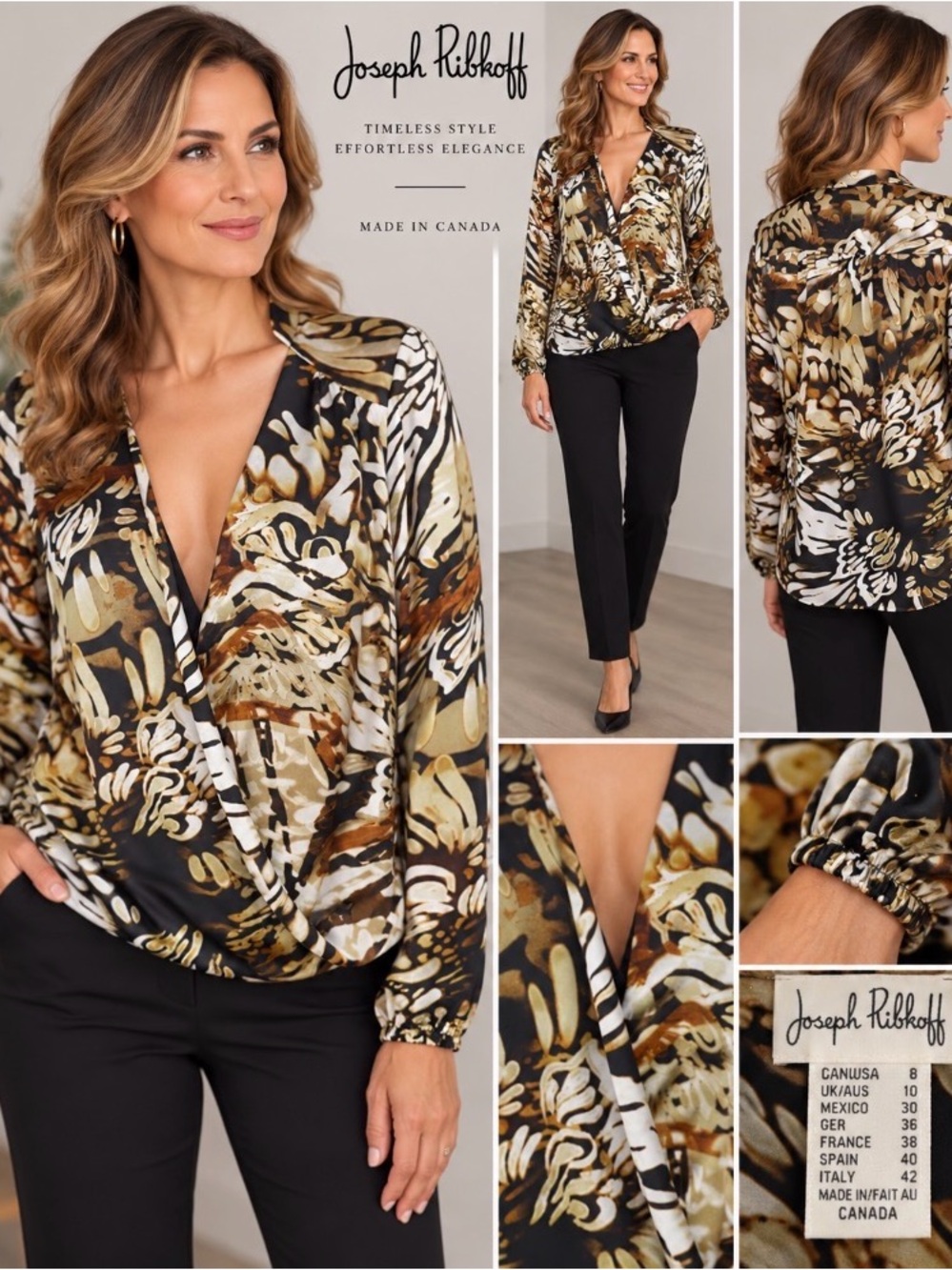 Joseph Ribkoff Satin Feel Abstract Print Wrap Blouse Elastic Cuffs Size 8